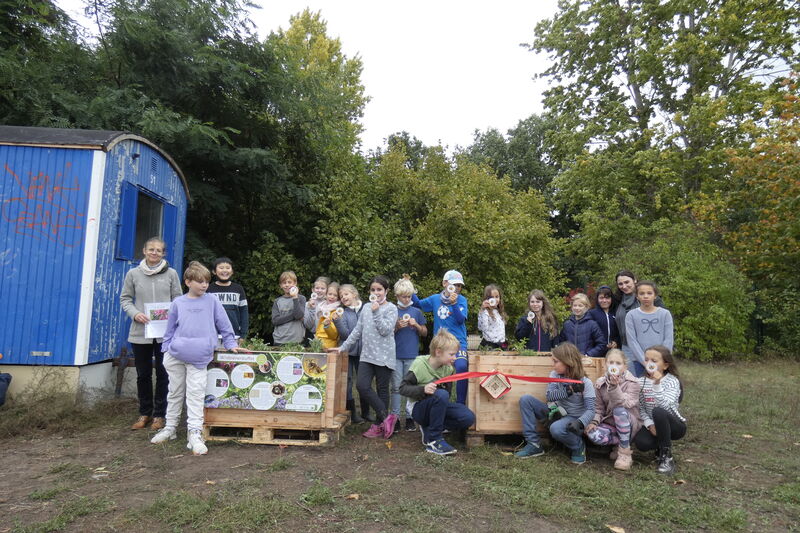 Schülerinnen und Schüler nach dem Aufbau der Wildbienenbuffets an der KreativitaetsGrundschule in Berlin-Treptow